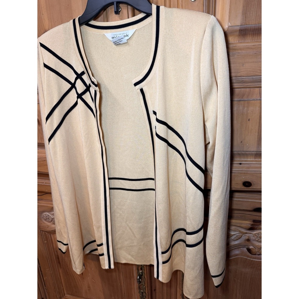 Vintage Exclusively Misook Yellow & Black Geometric Stripe Cardigan Korea S - Picture 3 of 11